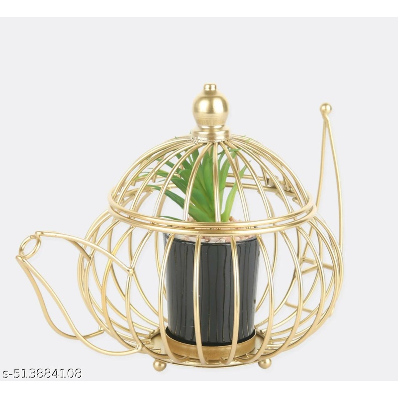 Elegant Golden Teapot-Shaped Metal Planter Holder with Artificial Succulent in Black Ceramic Pot  Unique Vintage Home Dcor Accent  Perfect Gift for Housewarming, Birthday, Anniversary, or Festive Occasions
