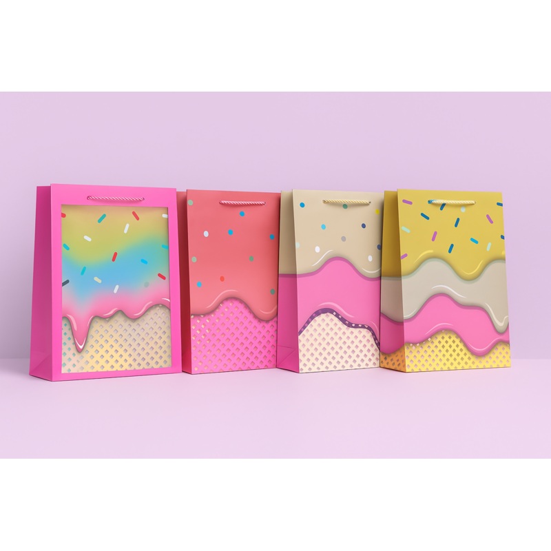 Set of 4 Ice Cream Theme Gift Bags for Birthday Party Return Gifts | Colorful Printed Paper Bags with Rope Handles | Dessert Sprinkle Design Treat Bags for Kids, Girls, Boys, Weddings, Baby Showers & Celebrations | Large Size Reusable Party Favor Bags