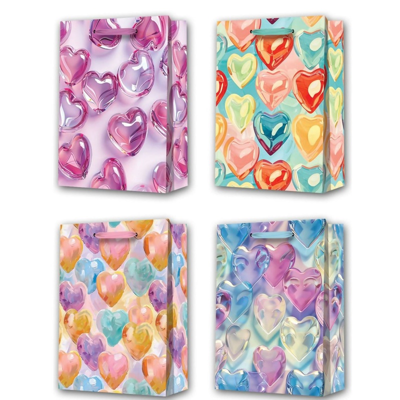 Set of 4 Premium Glossy Heart Design Gift Bags  Medium Size Reusable Party Bags with Colorful 3D Love Pattern  Multicolor Gift Packaging for Birthday, Valentine’s, Wedding, Anniversary & Festive Occasions